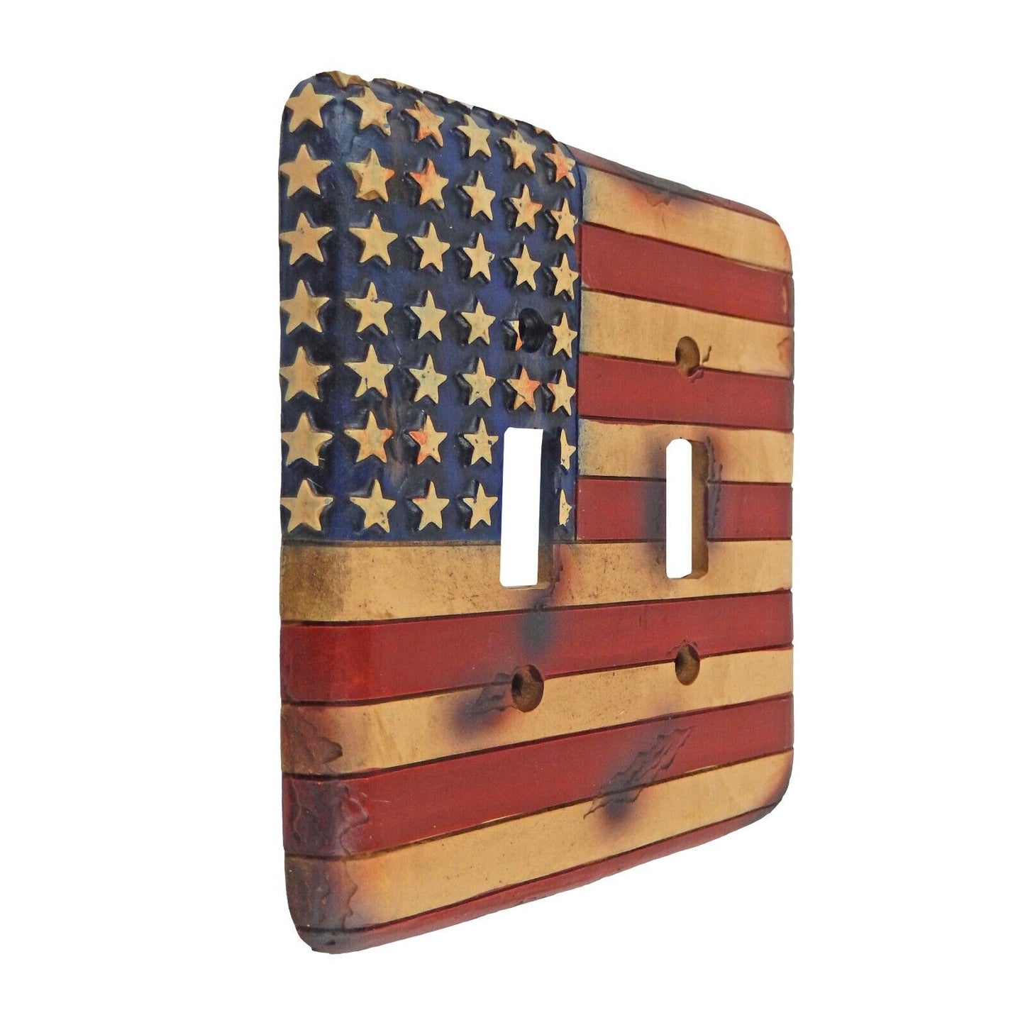 American U.S.A Flag Double Switch Toggle Wall Plate Cover Rustic Faux Wood Look