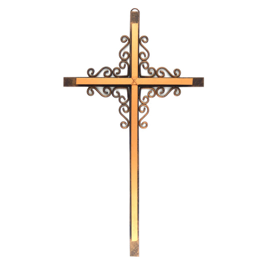 Simple Layered Metal Wall Cross Golden Finish Brushed Copper Curly Ornate Design