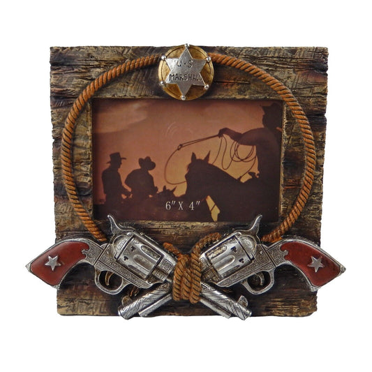 Rustic Western Wild West Crossed Pistol Table Top 4" x 6" Picture Photo Frame