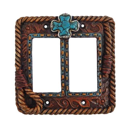 Western Floral Turquoise Cross Rope 2 Gang Wall Plate Cover Double Rocker Switch