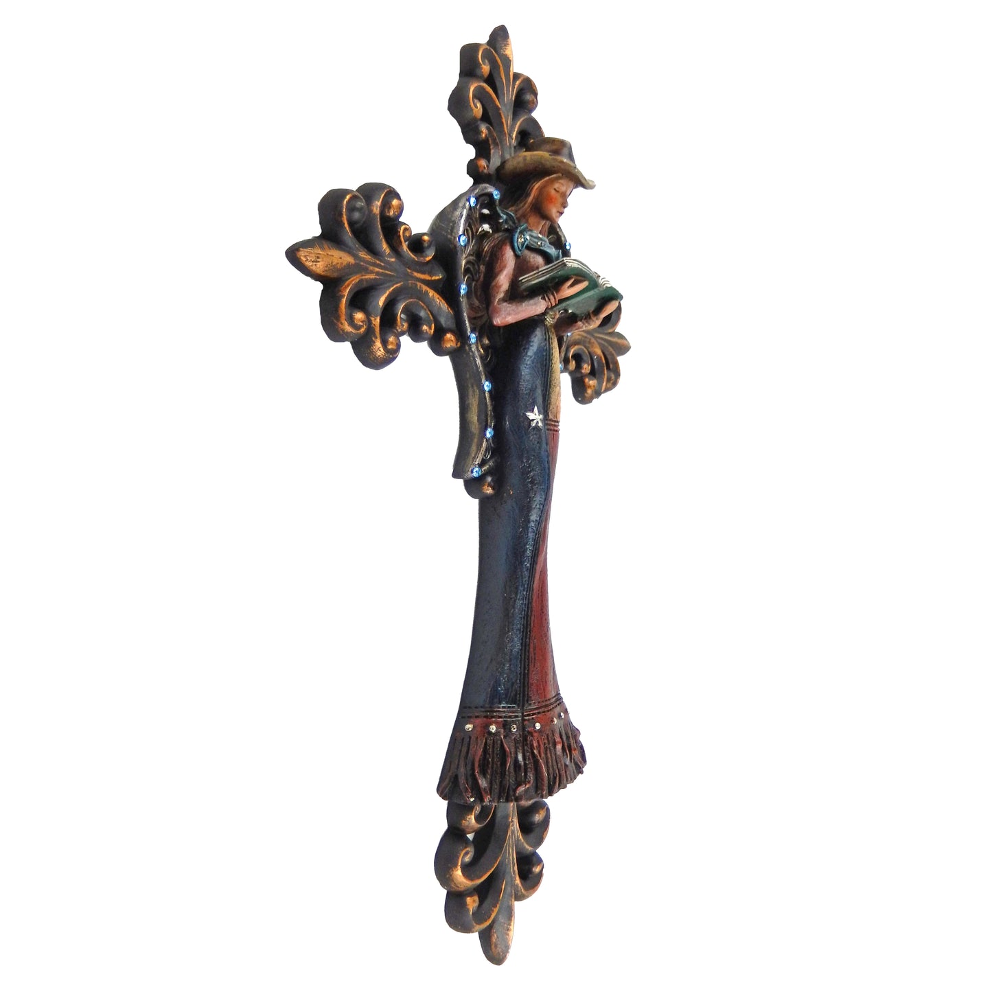 Western Cowgirl Angel Bible Wall Cross Texas Flag Fleur De Lis Blue Stones