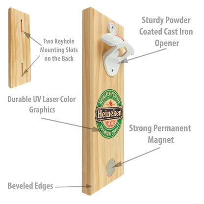 Custom Wooden Magnetic Heineken Beer Soda Bottle Opener Wall Mounted 10 x 3.5 in