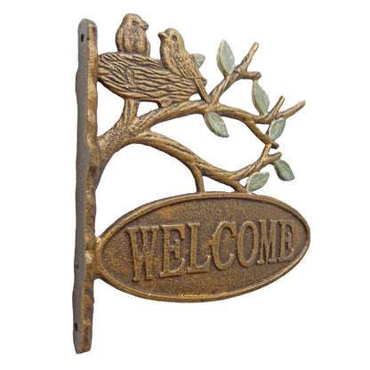 Cast Iron Love Birds In Nest Tree Branch Welcome Wall Plaque Sign Antique Gold