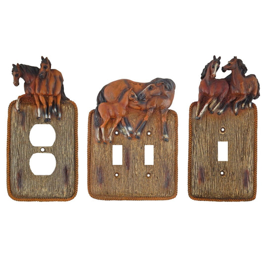 Rustic Western Horses Wall Plate Covers Faux Wood Look Rope Edge Toggle Outlet