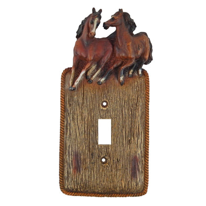 Rustic Western Horses Wall Plate Covers Faux Wood Look Rope Edge Toggle Outlet