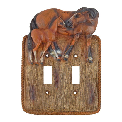 Rustic Western Horses Wall Plate Covers Faux Wood Look Rope Edge Toggle Outlet