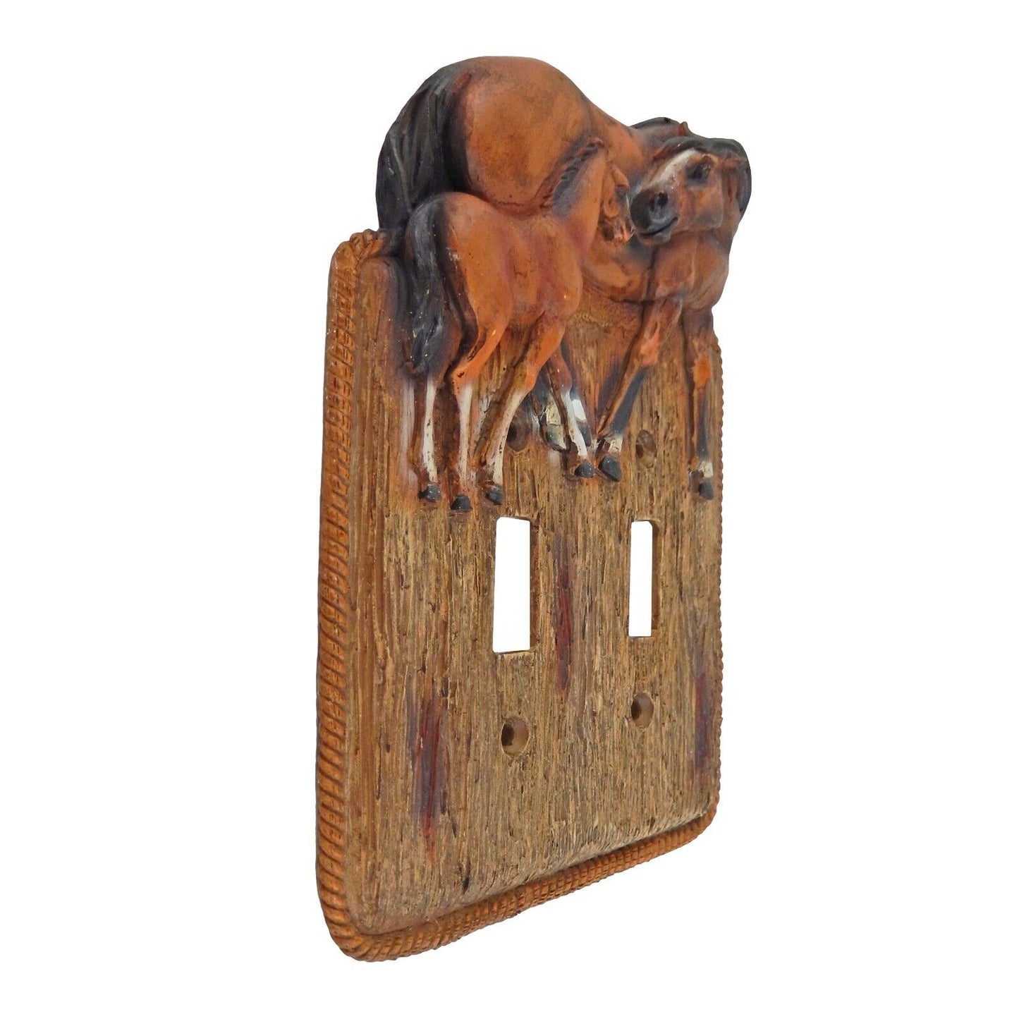 Rustic Western Horses Wall Plate Covers Faux Wood Look Rope Edge Toggle Outlet