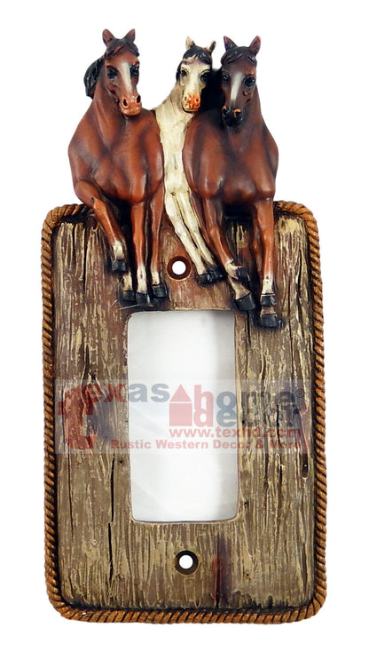 Rustic Western Horses Wall Plate Covers Faux Wood Look Rope Edge Toggle Outlet