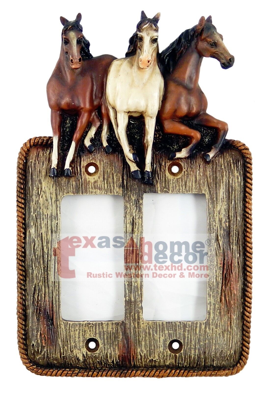 Rustic Western Horses Wall Plate Covers Faux Wood Look Rope Edge Toggle Outlet