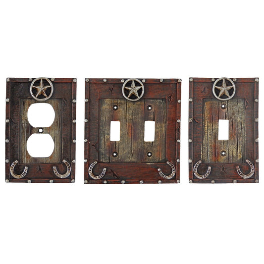 Rustic Western Silver Star Horseshoes Switch Toggle Wall Plate Covers Wood Look