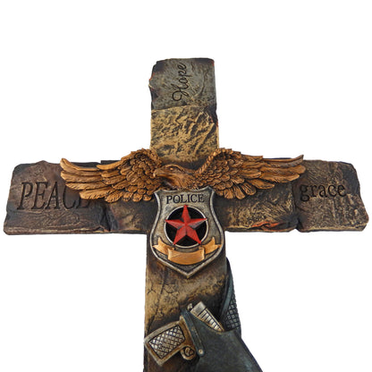 Large Inspirational Policeman Wall Cross American Eagle Engraved Stone Look 20 inch