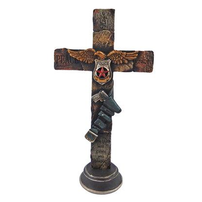 Policeman Standing Pedestal Shelf Cross Inspirational American Eagle Holster 13 inch