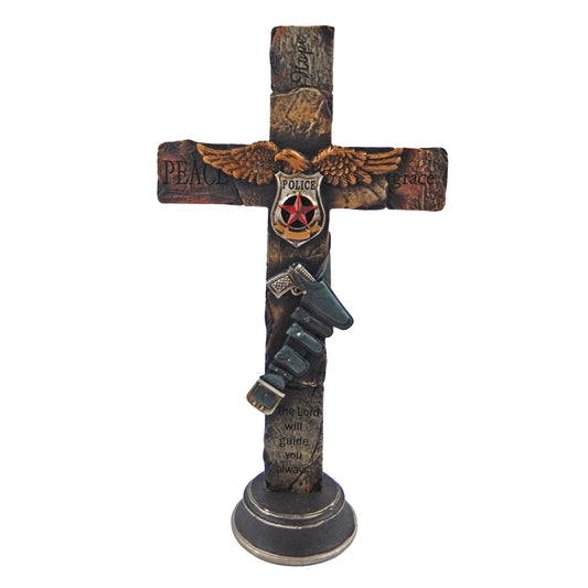 Policeman Standing Pedestal Shelf Cross Inspirational American Eagle Holster 13 inch