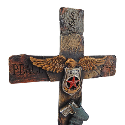 Policeman Standing Pedestal Shelf Cross Inspirational American Eagle Holster 13 inch