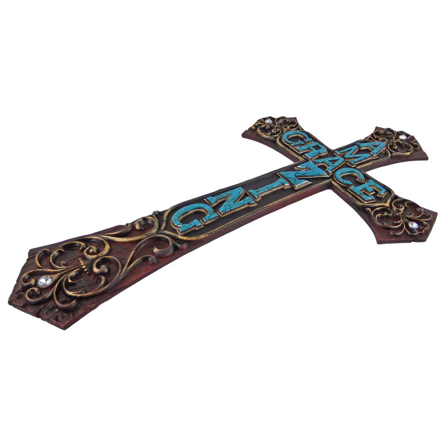 Amazing Grace Decorative Wall Cross Turquoise Fleur De Lis Rhinestones Scrolls