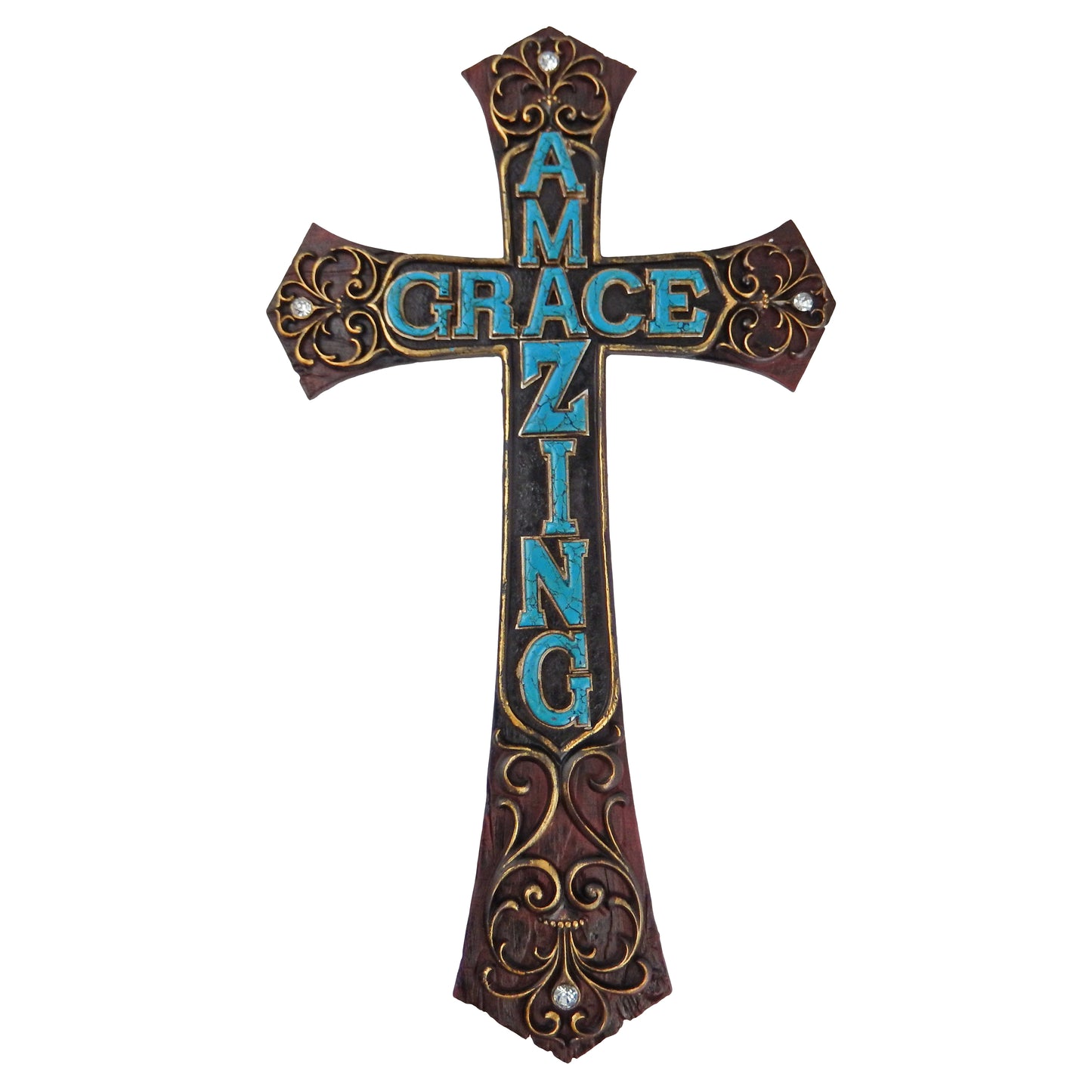 Amazing Grace Decorative Wall Cross Turquoise Fleur De Lis Rhinestones Scrolls