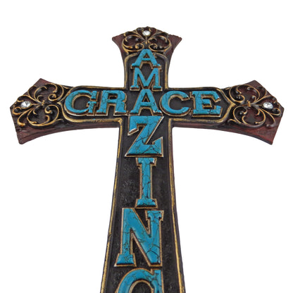 Amazing Grace Decorative Wall Cross Turquoise Fleur De Lis Rhinestones Scrolls