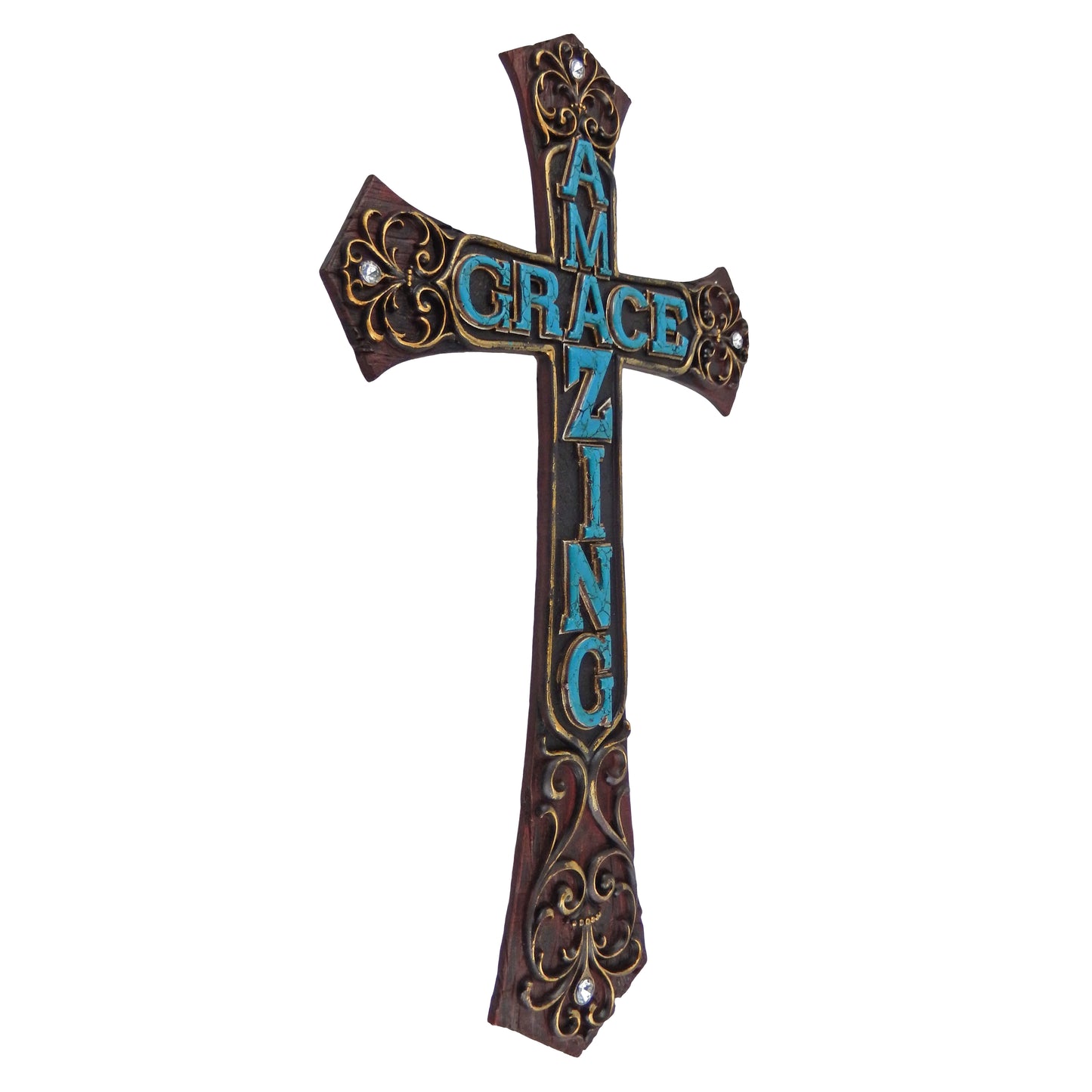 Amazing Grace Decorative Wall Cross Turquoise Fleur De Lis Rhinestones Scrolls