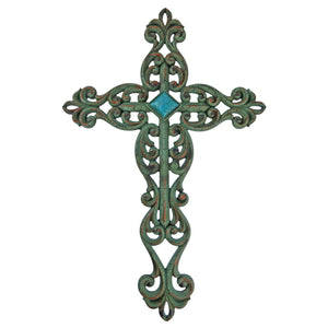 Fleur De Lis Wall Cross Scrolls Accent Distressed Green Turquoise Diamond 19.25"