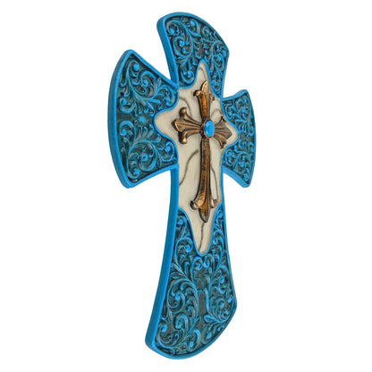 Fleur De Lis Scrolls Wall Cross Stone Look Victorian Decor Turquoise & Gold 12 inch