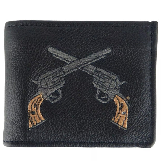 Crossed Guns Men's Wallet Bi-Fold Genuine Leather Black Made in USA