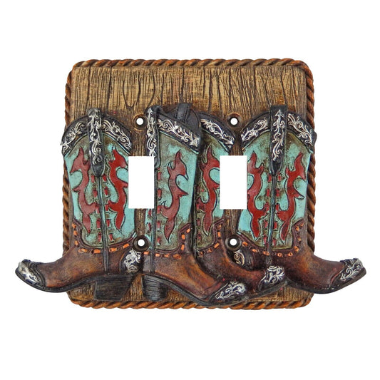 Turquoise Western Boots Wall Plate Cover Double Toggle Switch Rope Accent