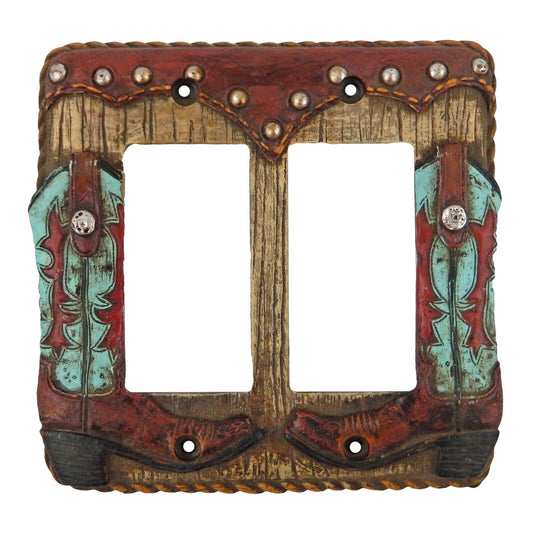 Turquoise Western Boots Wall Plate Cover Double Rocker Switch Rope Accent