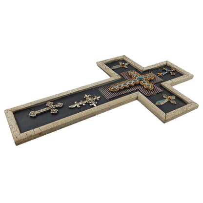 Collage Decorative Wall Cross Turquoise Wooden Body Silver Crosses 20 inch