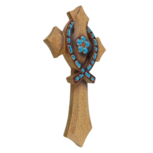 Jesus Fish Ichthys Symbol Turquoise Decorative Wall Hanging Cross Stone Look 12 x 7 inch