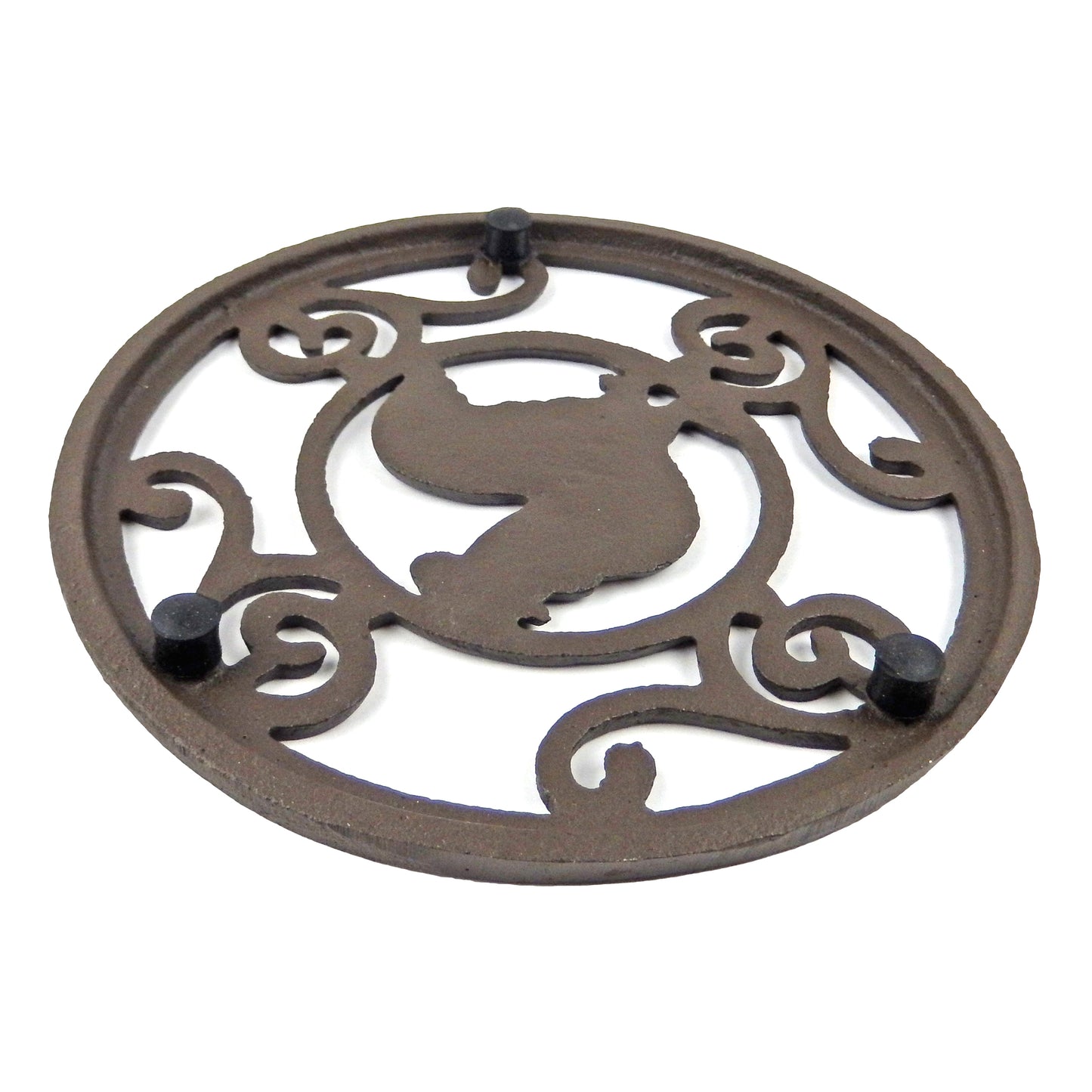 Cast Iron Rooster Trivet Rustic Antique Style Scrolls Hot Pot Plate Holder Round