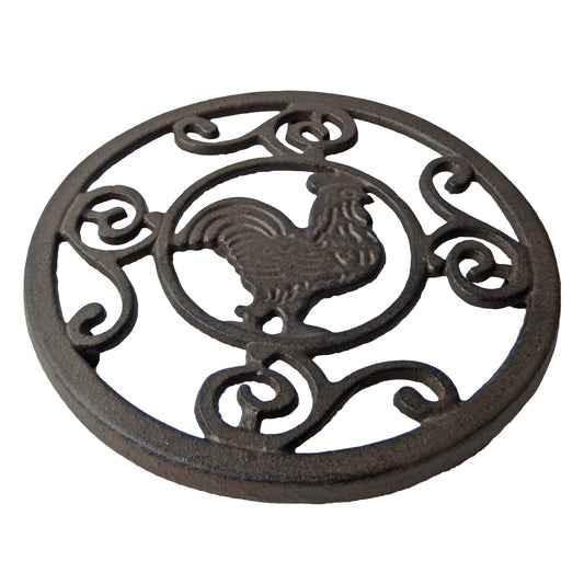 Cast Iron Rooster Trivet Rustic Antique Style Scrolls Hot Pot Plate Holder Round