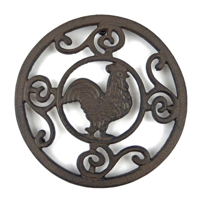 Cast Iron Rooster Trivet Rustic Antique Style Scrolls Hot Pot Plate Holder Round