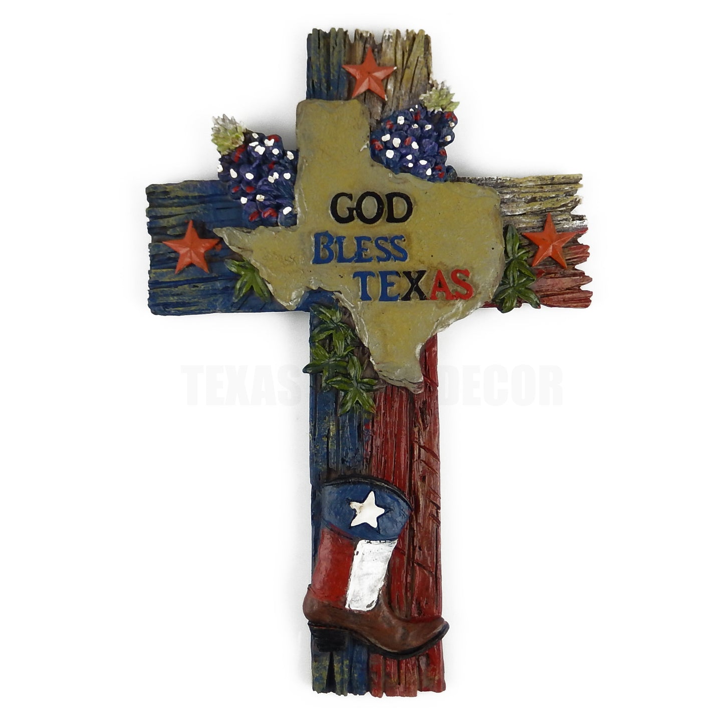 God Bless Texas Decorative Wall Cross Stars Boot Map Outline Bluebonnets 11.75 inch