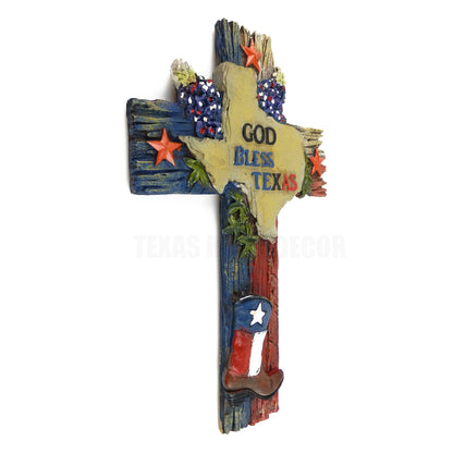 God Bless Texas Decorative Wall Cross Stars Boot Map Outline Bluebonnets 11.75 inch