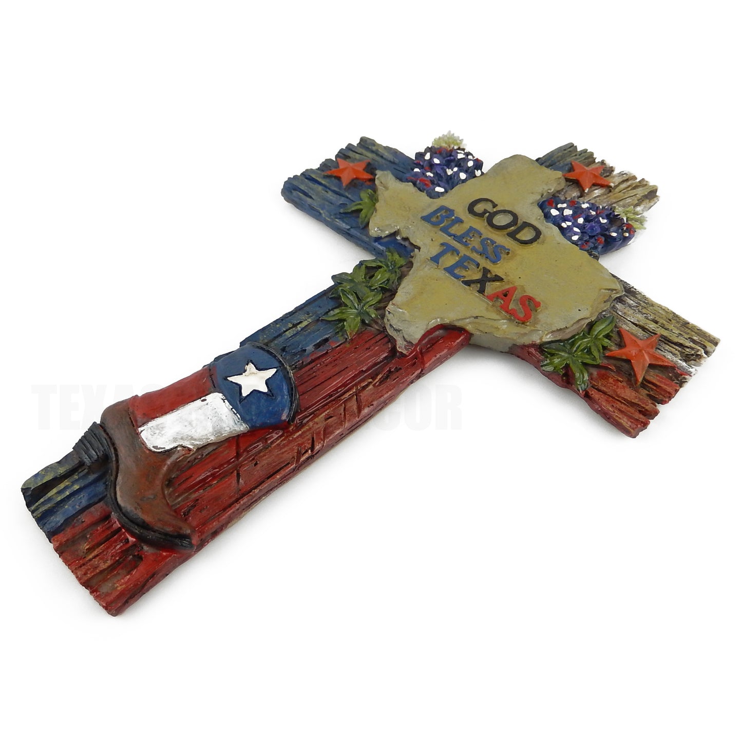 God Bless Texas Decorative Wall Cross Stars Boot Map Outline Bluebonnets 11.75 inch