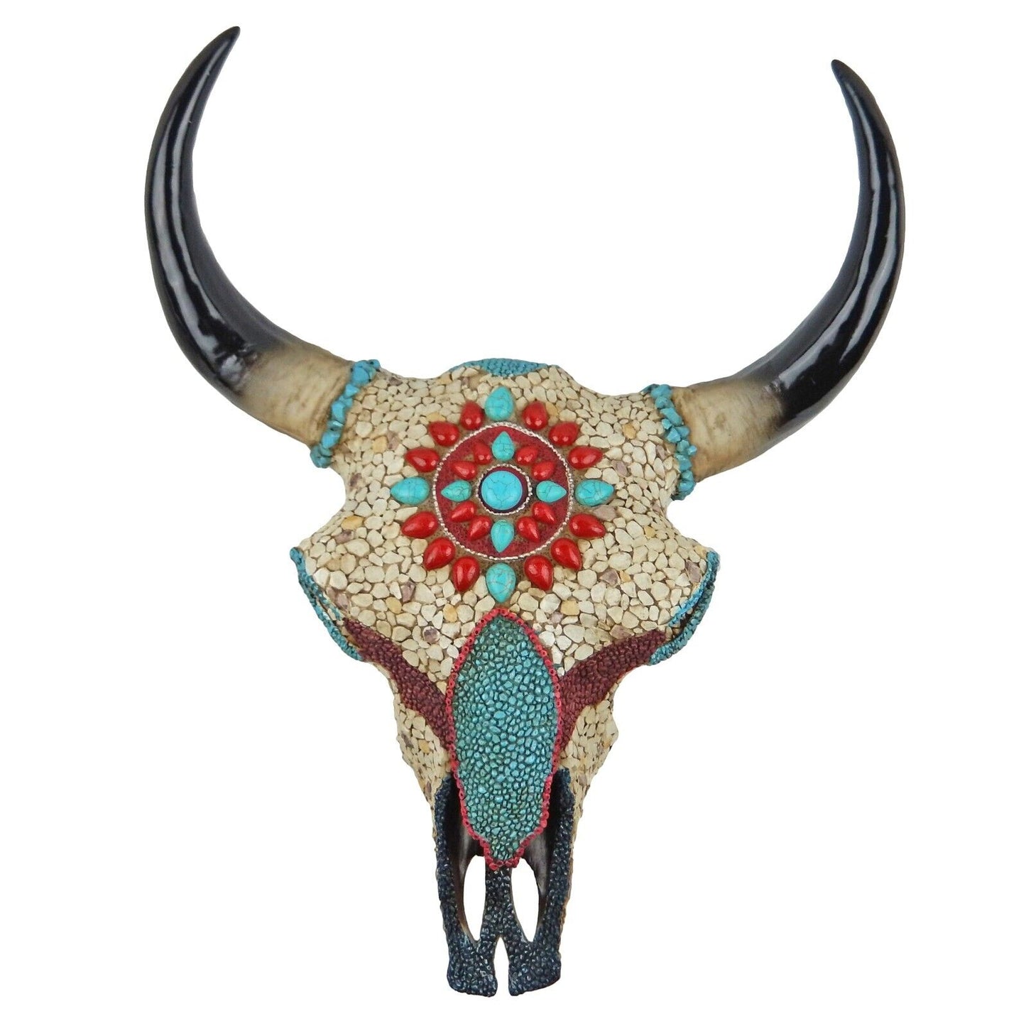 Southwestern Americana Adorned Steer Head Wall Decor Stones Inlay 16.5 inch Tall