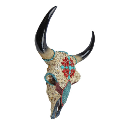 Southwestern Americana Adorned Steer Head Wall Decor Stones Inlay 16.5 inch Tall