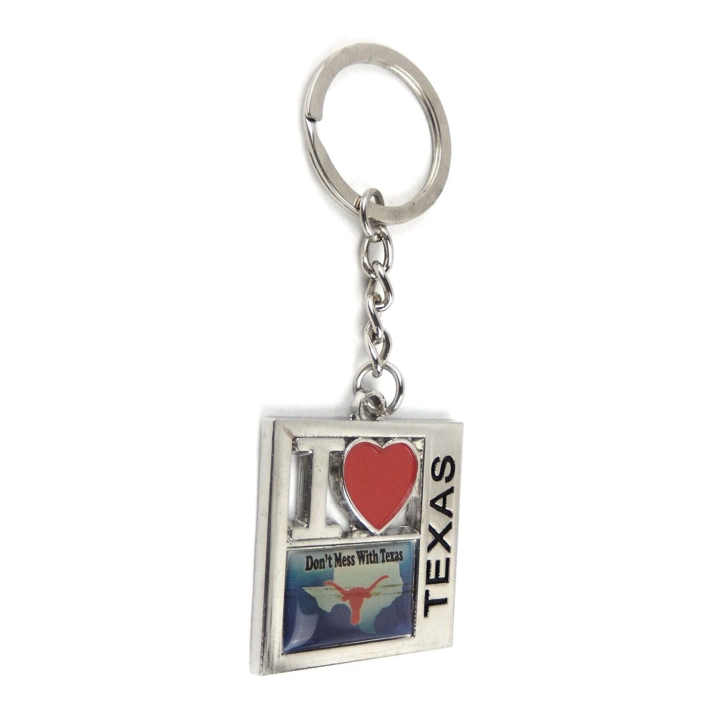 Red Heart I Love Texas Map Keychain Fob Don't Mess With Texas Longhorn Silver