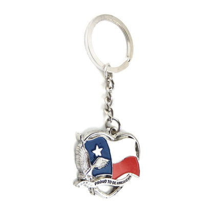 Heart Shaped Keychain Fob Proud to be American I Love Texas Flag Eagle Silver