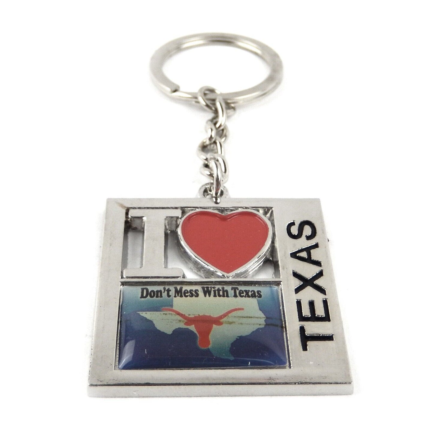 Red Heart I Love Texas Map Keychain Fob Don't Mess With Texas Longhorn Silver