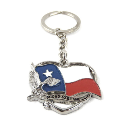 Heart Shaped Keychain Fob Proud to be American I Love Texas Flag Eagle Silver