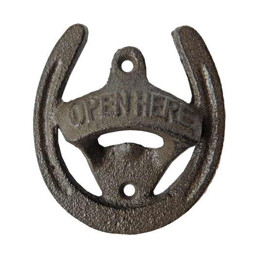 Cast Iron Lucky Horseshoe Open Here Beer Soda Bottle Opener Wall Mounted Brown