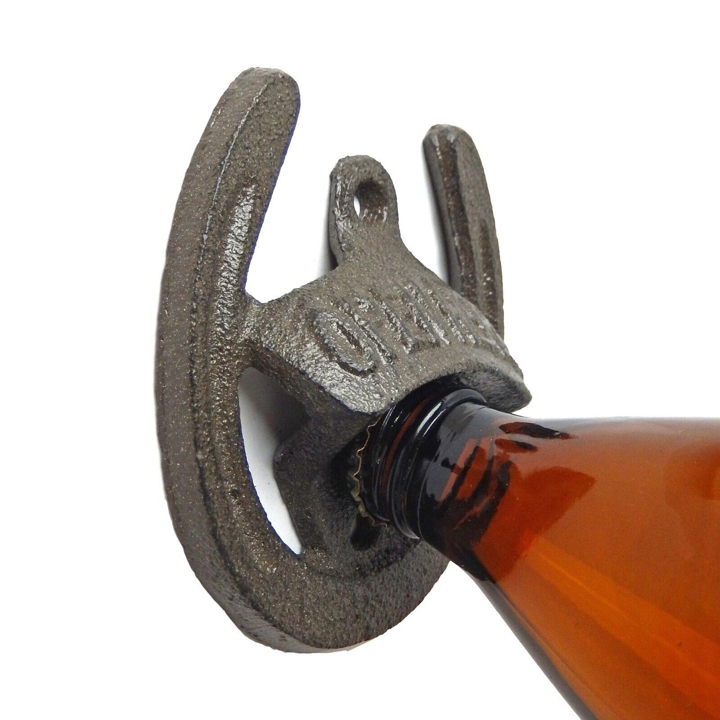 Cast Iron Lucky Horseshoe Open Here Beer Soda Bottle Opener Wall Mounted Brown