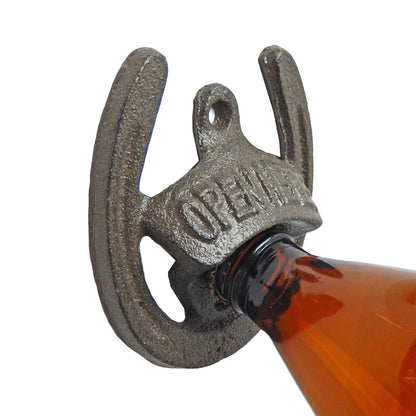 Cast Iron Lucky Horseshoe Open Here Beer Soda Bottle Opener Wall Mounted Brown