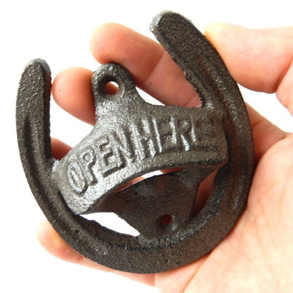 Cast Iron Lucky Horseshoe Open Here Beer Soda Bottle Opener Wall Mounted Brown