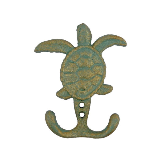 Cast Iron Sea Turtle Double Wall Hook Key Towel Coat Purse Door Hanger Green