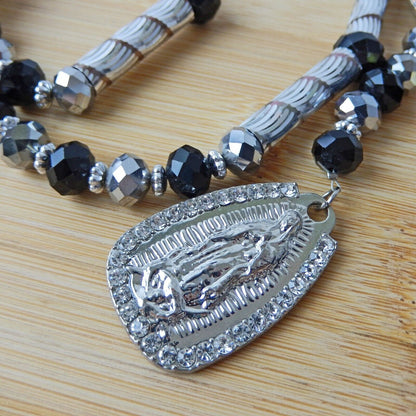 Virgen Mary Christ Pendant Praying Rosary Black And Silver Beads White Stones