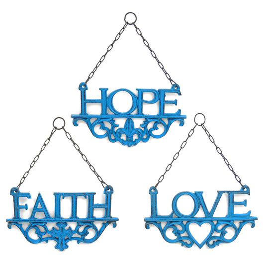 Cast Iron Hope Faith Love Wall Decor 3Pc Set Heart Cross Fleur De Lis Turquoise