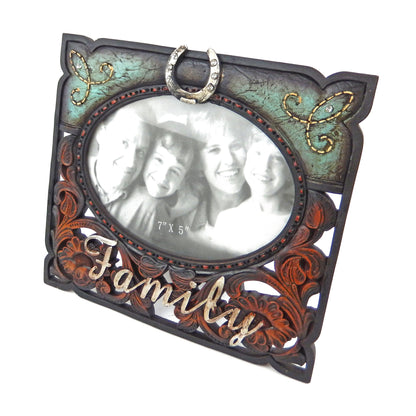 Family 7 x 5 inch Picture Photo Frame Floral Horseshoe Rhinestones Turquoise