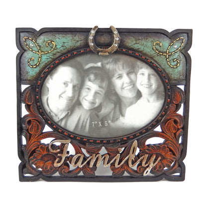 Family 7 x 5 inch Picture Photo Frame Floral Horseshoe Rhinestones Turquoise